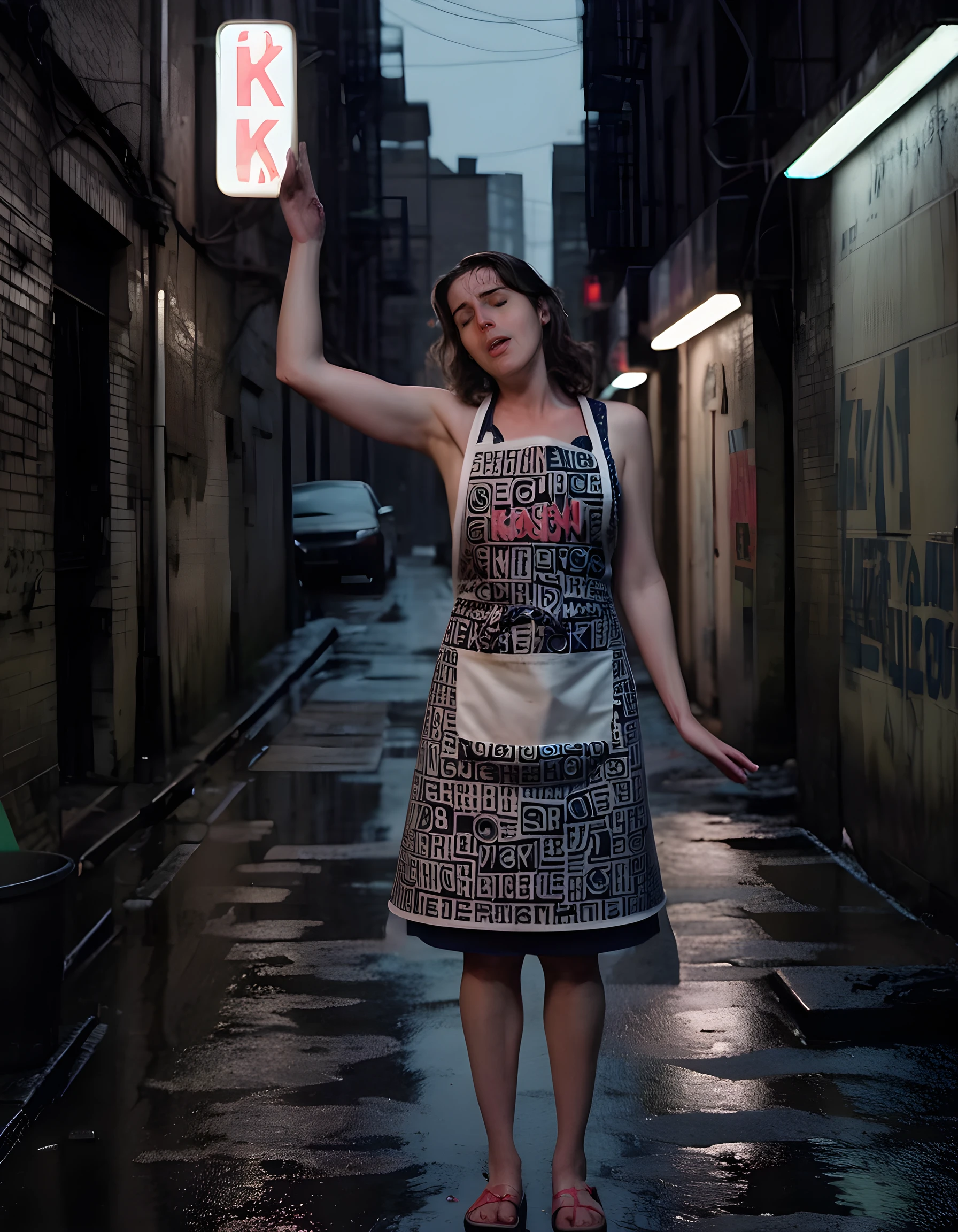 In a gritty, noir-inspired alleyway bathed in the dim, flickering light of a single neon sign, we find K41T, a woman with her sleeveless, intricately patterned apron adorned with mismatched buttons, casually perched on an overturned milk crate. Her hands are raised, a cellphone clutched tightly in one, the other hand shielding her eyes from the rain that drizzles steadily against the gritty concrete backdrop. The blur of movement from a passing car accentuates the tension in her posture as she waits anxiously for a message, the blanket around her shoulders offering a semblance of comfort in this cold, desolate urban landscape.