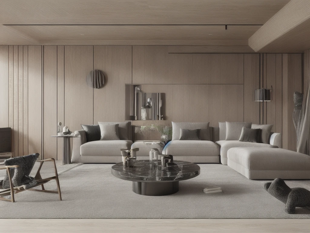 a living room with a couch, chair, coffee table and a rug on the floor and a window, muted colors, a 3D render, light and space,Dark style,Marble elements in the background