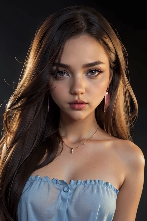 <lora:Macy:.7>, seductive expression, expressive , upper body, at front, portrait, simple background, dark background, <lora:GoodHands-vanilla:0.8> better_oppai, small breasts, , long hair, Sky Blue pencil eyeliner, earrings, necklace, Rhodamine Red cream lipstick , Army Brown blouse