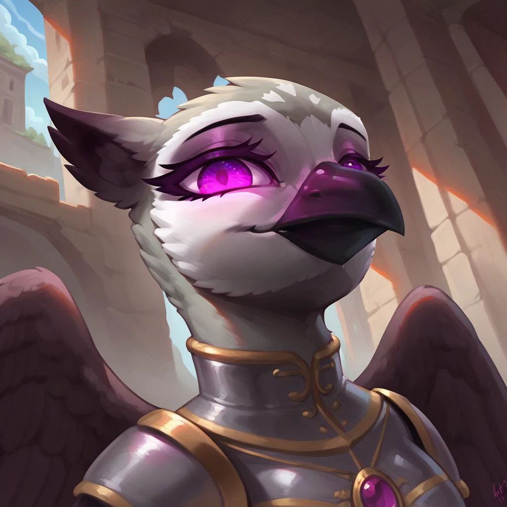 masterpiece, score_9, score_8_up, score_7_up, (best quality:1.1), ultra-detailed, high resolution, 1character, beak, wings, female, princess sköldsvärd, corrupted, jewelry, evil eyes, (((beautiful detailed purple eyes))), Long eyelashes, Looking At Viewer, Highly Visible, (((8k))), Source_anime, from Equestria at War glowing eyes, armor, griffon, solo, looking at viewer, feathery ears, day, perfect lighting, (in the dark throne room), detailed background, zPDXL2