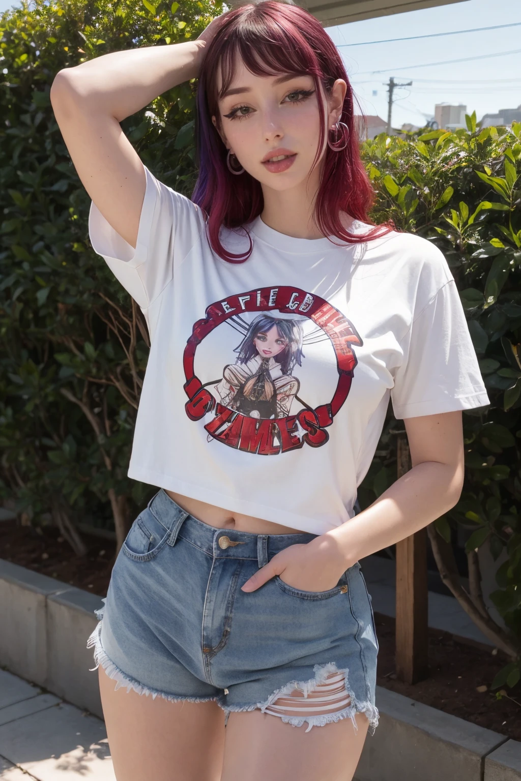 morgpie,a woman wearing graphic tee and boyfriend jeans, greenhouse,  <lora:morgpie:1>