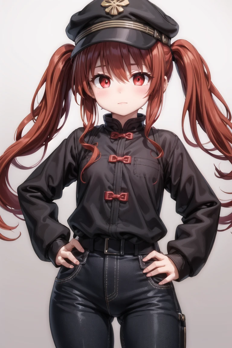 (best quality, masterpiece, RAW photo,ultra-detailed:1.2), (realistic), 1girl, solo, hands on hips, 
symbol shaped pupils, hat, (colorful red eyes:1.3), twintails, brown hair, symbol-shaped pupils, long hair, bangs, flower-shaped pupils, hair between eyes, chinese whale tail \(clothing\):1.2), pants,
<lora:tatsuichi_monji-10:1.0:lbw=ALL>