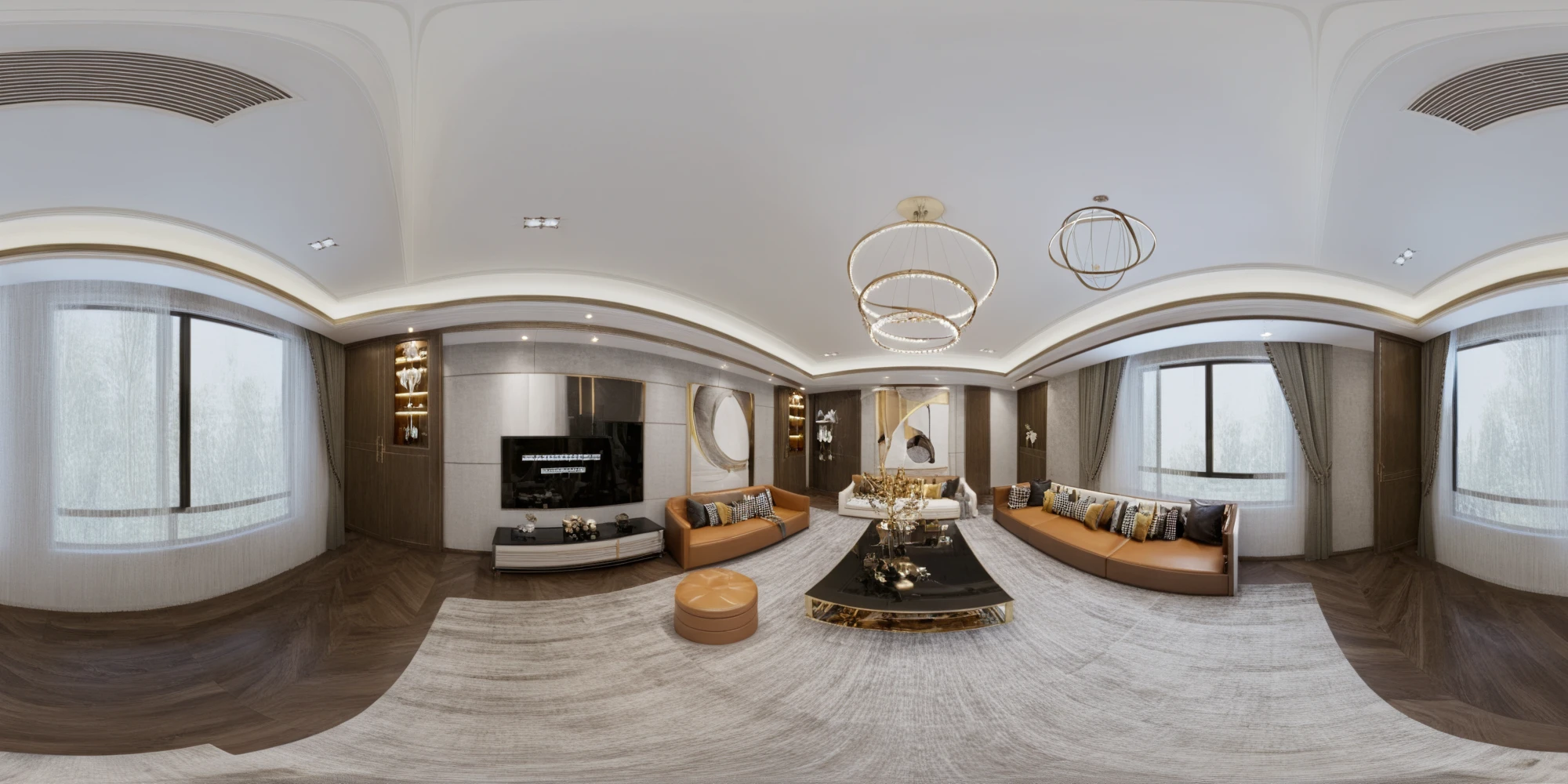 <lora:JJsPanoramicLivingroom_XL:1>, ((Panoramic)), ((livingroom)), ((masterpiece)), ((best quality)), realistic, high detailed, (indoors) , no human, window, curtain, table, rug, sofa, television, ceiling light, (AffordableLuxury),