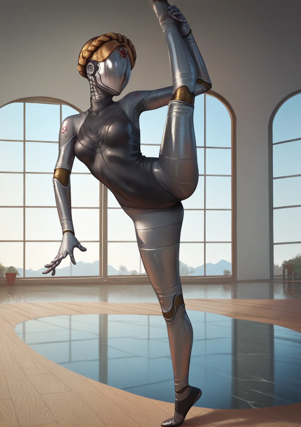 <lora:Pony_DetailV1.0:2>digital art, ilustration, painted in oil, Indoors, standing, ballerina pose, one leg up, marble floor, giant window background, solo <lora:The_Twins:0.75> the_twins(ah), black latex, cyborg, helmet, score_9, score_8_up, score_7_up, score_6_up, score_5_up, score_4_up