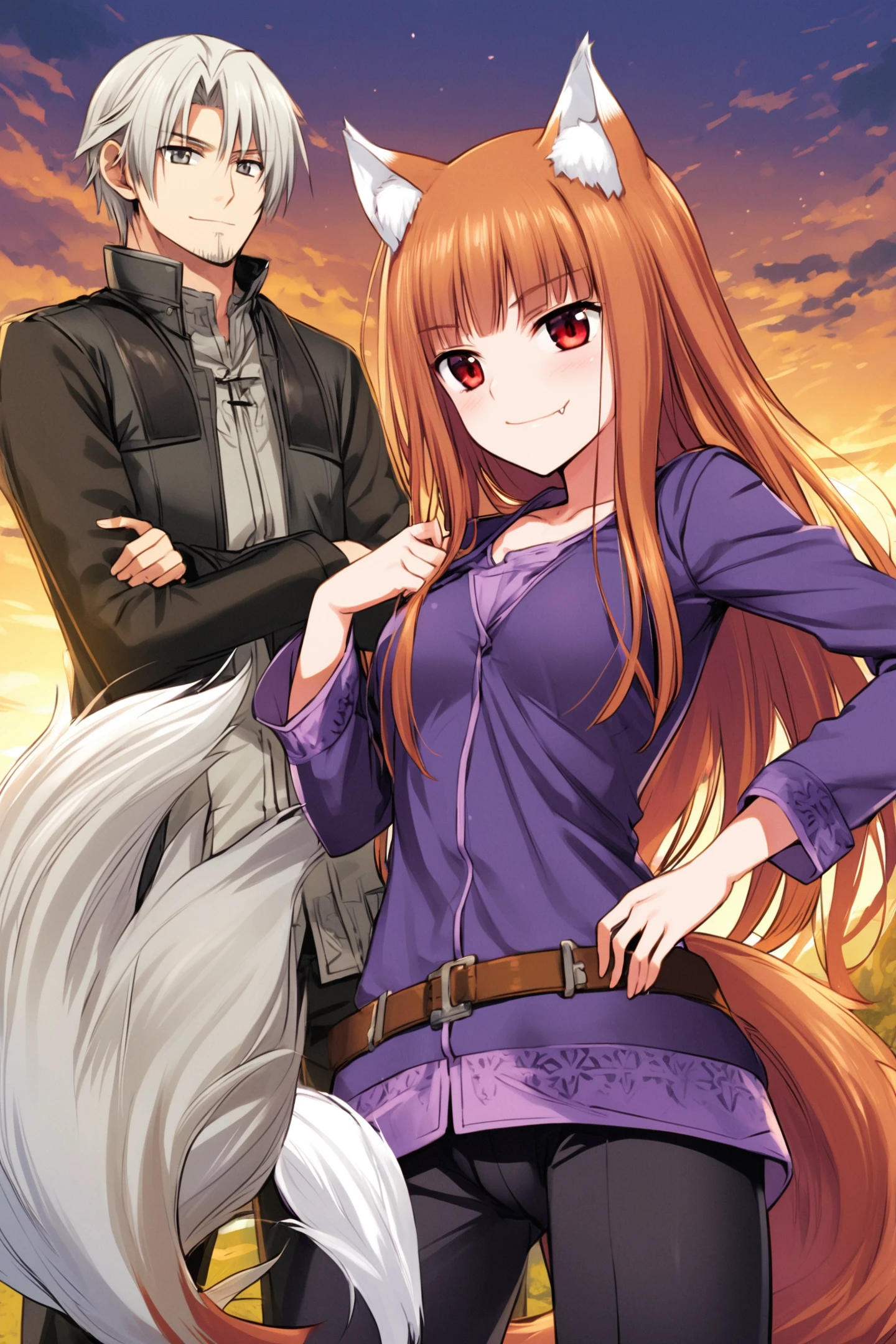 holo,1girl,animal ears,1boy,Kraft Lawrence,smile,wolf girl,tail,long hair,wolf ears,wolf tail,red eyes,shirt,brown hair,pants,shiny hair,closed mouth,long sleeves,straight hair,grey eyes,purple shirt,vest,black pants,bangs,outdoors,shiny,jacket,grey hair,facial hair,open clothes,fang,pouch,fang out,
<lora:Koume Keito_XL:0.8>,