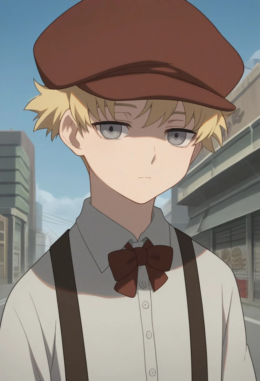 score_9, score_8_up, source_anime, highly detailed, 
july_d, solo, hat, blonde hair, expressionless, grey eyes, 1boy, male focus, looking at viewer, suspenders, bow, bowtie, shirt, white shirt, upper body
outdoor, street, buildings, sky,