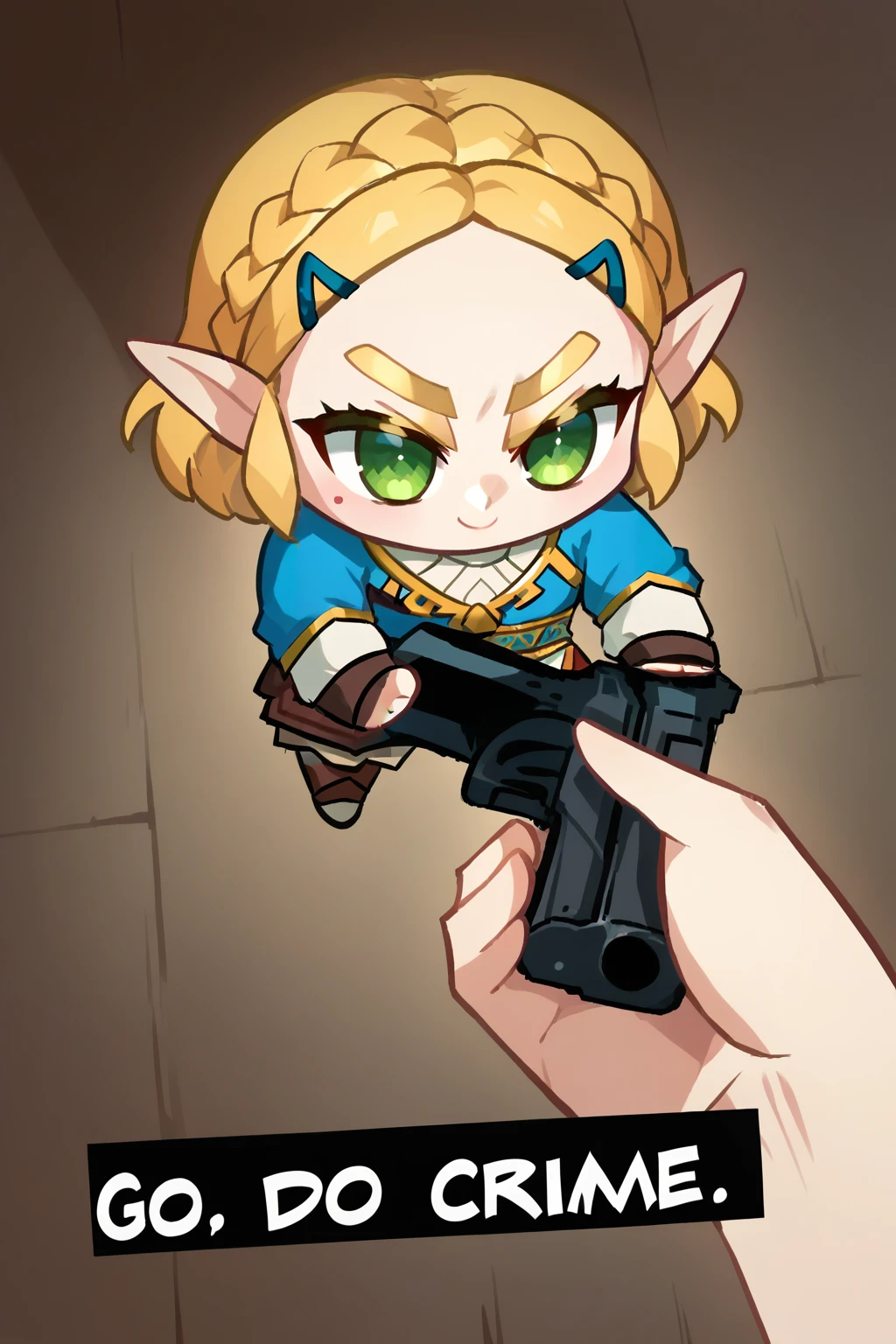 zPDXL,   <lora:Concept_Go_do_a_crime_meme:1>, 1girl, GODOACRIME, go do a crime (meme), english text, gun, zelda breath of the wild, chibi