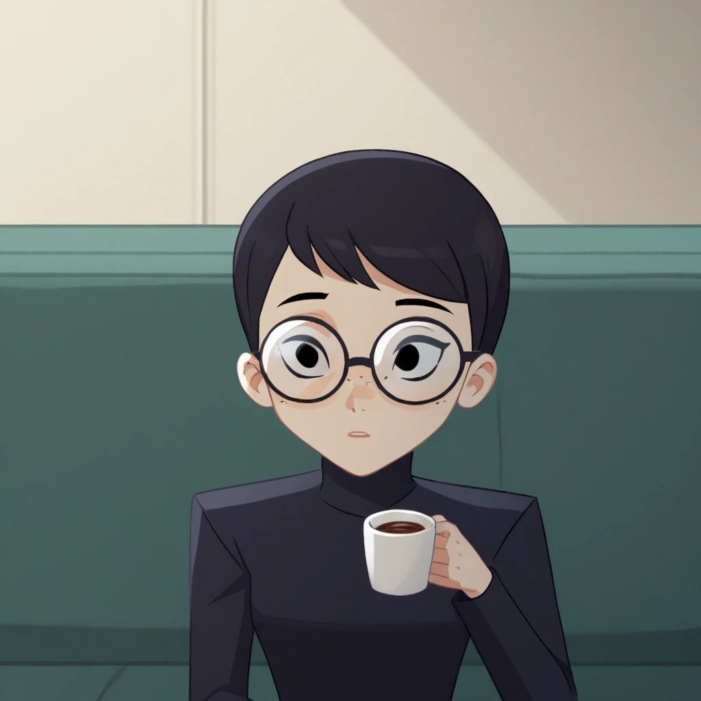 score_9_up, BREAK, JuliaArgent, 1girl, solo, Black hair, short hair, black eyes, freckles, black-framed eyewear, round eyewear, <lora:JuliaArgent_CarmenSandiego_PXL_Leaf1:1>,  turtleneck sweater, on couch, coffee mug,