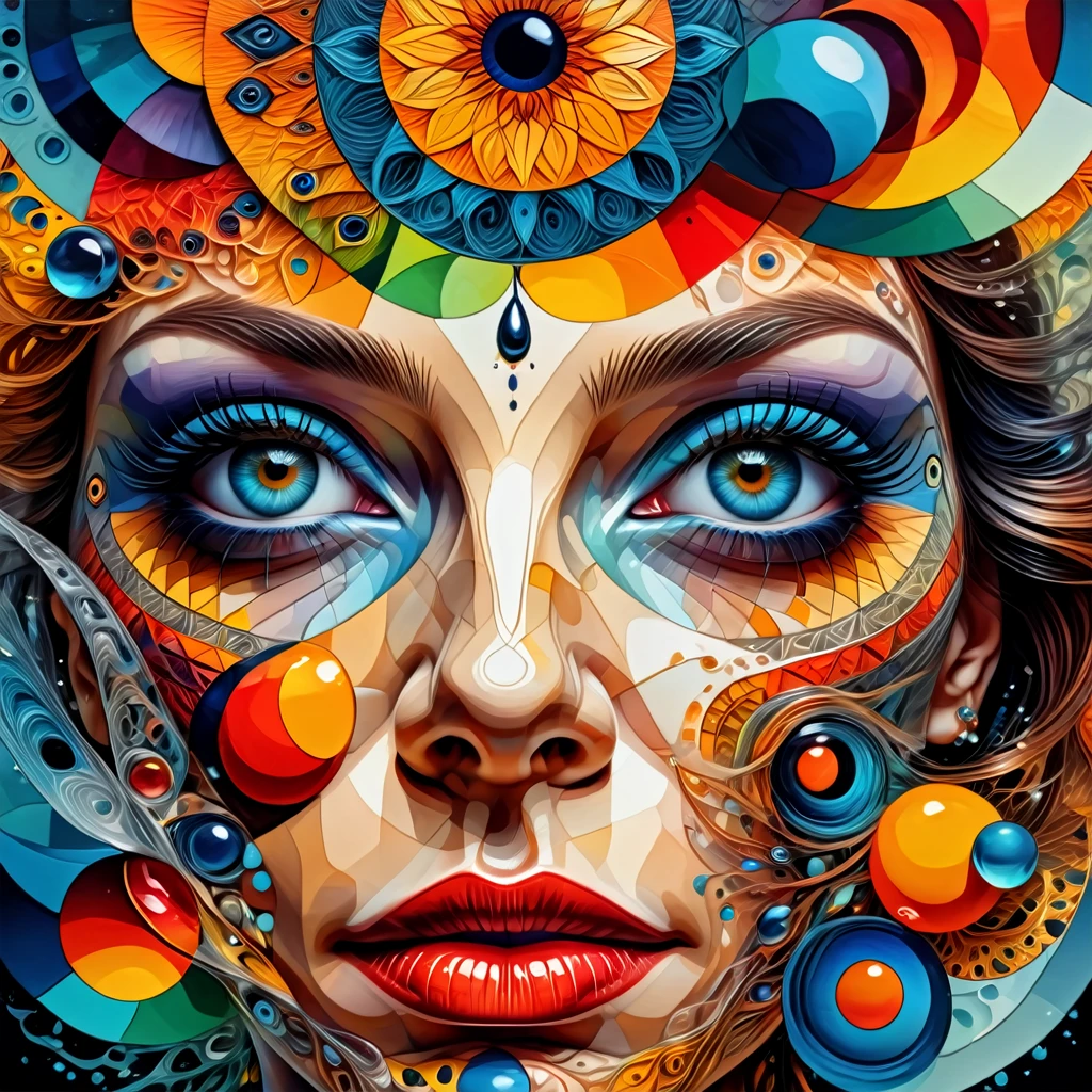 a colored painting of a pretty woman with an eye for detail, graphic design poster, amazing depth, double exposure, surreal, pattern, geometric patterns, intricately detailed, perfectly balanced, deep fine edges, artistic photorealism,photorealism, vivid colors,, 8K, UHD, many details, extreme detailed, full of details, BadDream, Jed-Splash,    <lora:ColourfullSplashStyle:0.5>