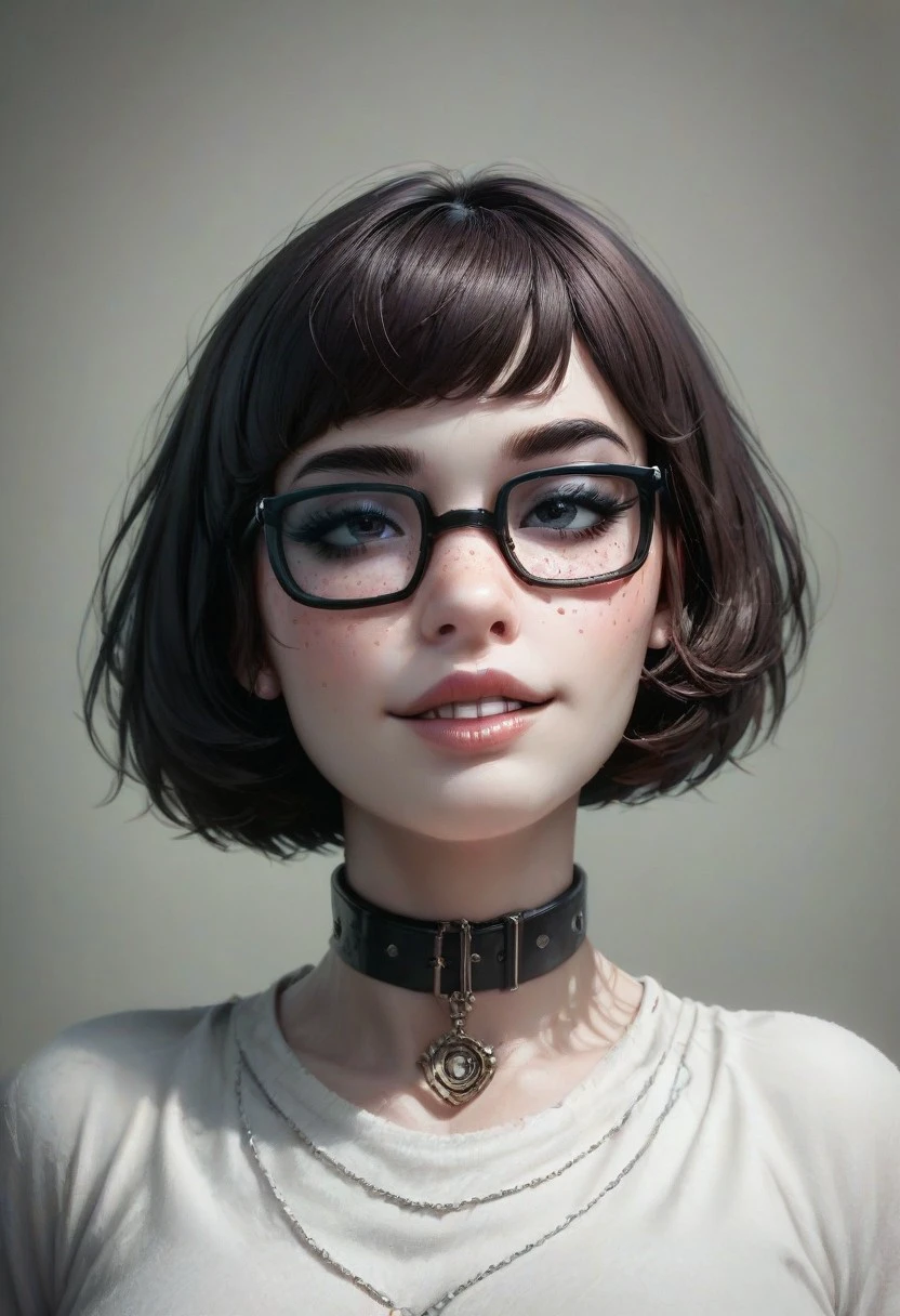 score_9, score_8_up, score_8. score_9, score_8_up, score_7_up, score_6_up, masterpiece, 4k, high quality
vivid colors, Expressive, 
1girl, 25 year old beautiful Velma(from scooby doo), thick black lashes, blush, black collar, freckles, sultry look, soft smile, thick glasses, dark brown hair,