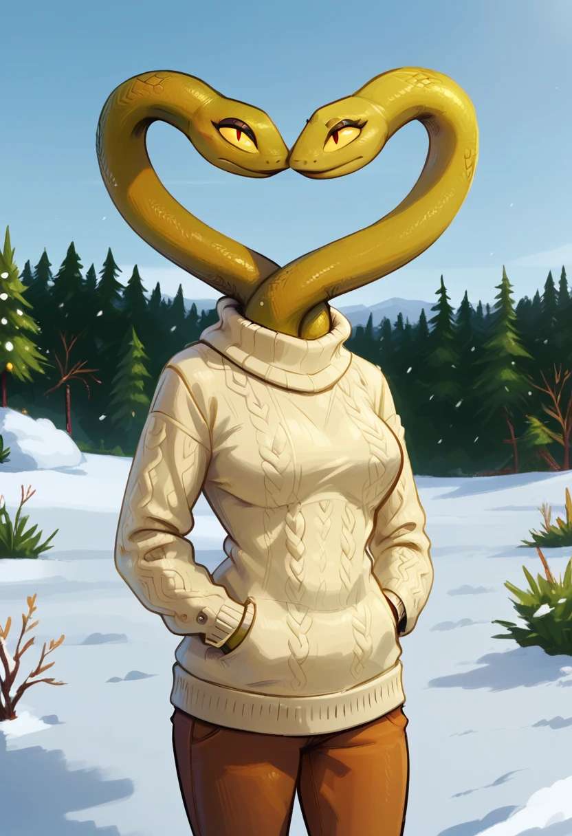 score_9, score_8_up, score_8,    <lora:Life_Adventure_Time_for_PonyXL:0.8> 1girl, l1fe, snake girl, conjoined, multi head, solo, sweater, snow, outdoors, hands in pocket, beanies,