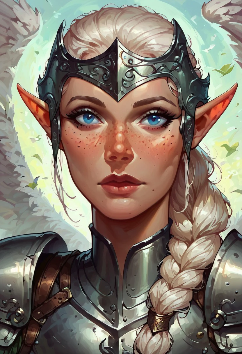 score_9, score_8_up, score_7_up, score_6_up, Vandria, mature female, solo, elf, long hair, white hair, braided hair, ponytail, light blue eyes, freckles, angel wings, steel-gray wings, shoulder armor, headpiece, in full armor, medieval, dungeons and dragons, semi realistic, looking at viewer, cowboy shot, half body,