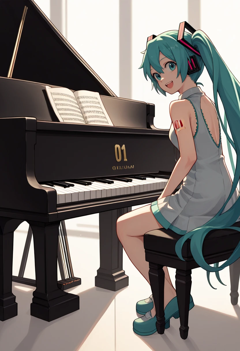 score_9, score_8_up, score_7_up, source_anime BREAK 1girl, solo, <lora:grandpiano-concept-richy-v1_pdxl:1> grand piano, sitting, playing instrument, hatsune miku, looking at viewer, smile, open mouth, full body, from side, white theme, white sky, horizon