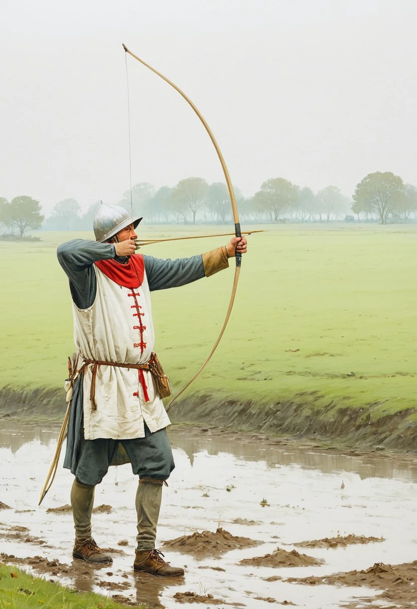 score_9, score_8_up, score_7_up, score_6_up, score_5_up, score_4_up, three-quarter_view, side view, medieval, warbow, longbow, longbowman, on a muddy battlefield, English, aiming, face, front, arrow_/(projectile/), solo_focus, standing, bowstring, belt_quiver, white gambeson, red and white tabard, drawing_bow, bow_/(weapon/),