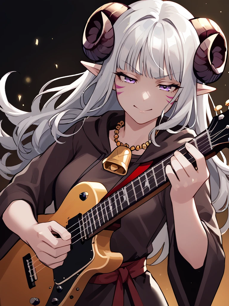 <lora:electric_guitar___playing_instrument:0.8> electric_guitar, playing_instrument,source_furry, score_7_up, rating_safe, cowboy shot, gold necklace, tiefing, short pointed ears, horns, (a pair of brown sheep Horns that begin at her temples and curve back: 1.5), bangs,long silver hair long wavy hair, pale skin,<lora:whisker_markings:0.8> whisker_markings , pointy ears, purple eyes:1.2, <lora:age_slider_v4:0.6>   medium breasts, skinny female, close up, silver hair <lora:Tieflingnew weird fantasyDND:0.3> Tiefling, pointed ears, horns, from above, angry, half-closed eyes:1.5, smile mouth:1.2,<lora:Smooth Style 2 SDXL_LoRA_Pony Diffusion V6 XL:0.5>  shepherd's crook, bell, robe, hood off, <lora:Nanoless_Artist_Style_PonyXL:0.3>