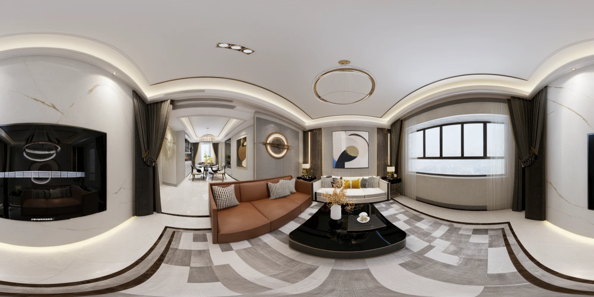 <lora:JJsPanoramicLivingroom_XL:1>, ((Panoramic)), ((livingroom)), ((masterpiece)), ((best quality)), realistic, high detailed, (indoors) , no human, window, curtain, table, rug, sofa, television, ceiling light, (AffordableLuxury),