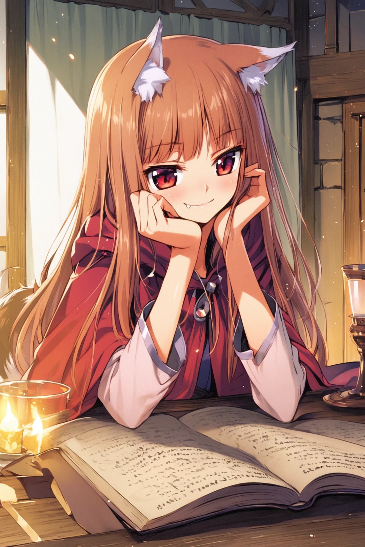 holo,animal ears,long hair,brown hair,1girl,solo,shiny hair,book,smile,wolf ears,shiny,closed mouth,red eyes,fang,hood,cloak,open book,indoors,head rest,shirt,fang out,long sleeves,straight hair,hood down,hand on own face,hand on own cheek,bangs,animal ear fluff,candle,
<lora:Koume Keito_XL:0.8>,