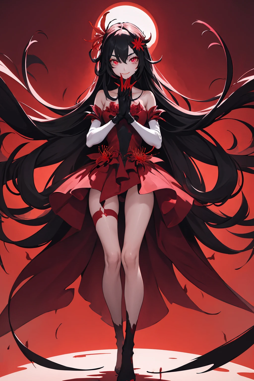 1girl, long hair, elbow gloves, solo, rating:safe, gloves, flower, very long hair, hair ornament, hair flower, looking at viewer, red eyes, smile, glowing, standing, dated, bare shoulders, red theme, dress, limited palette, blood, glowing eyes, red background, floating, spider lily, covering mouth, eyebrows visible through hair, hands together, full body, spot color, pink eyes, interlocked fingers