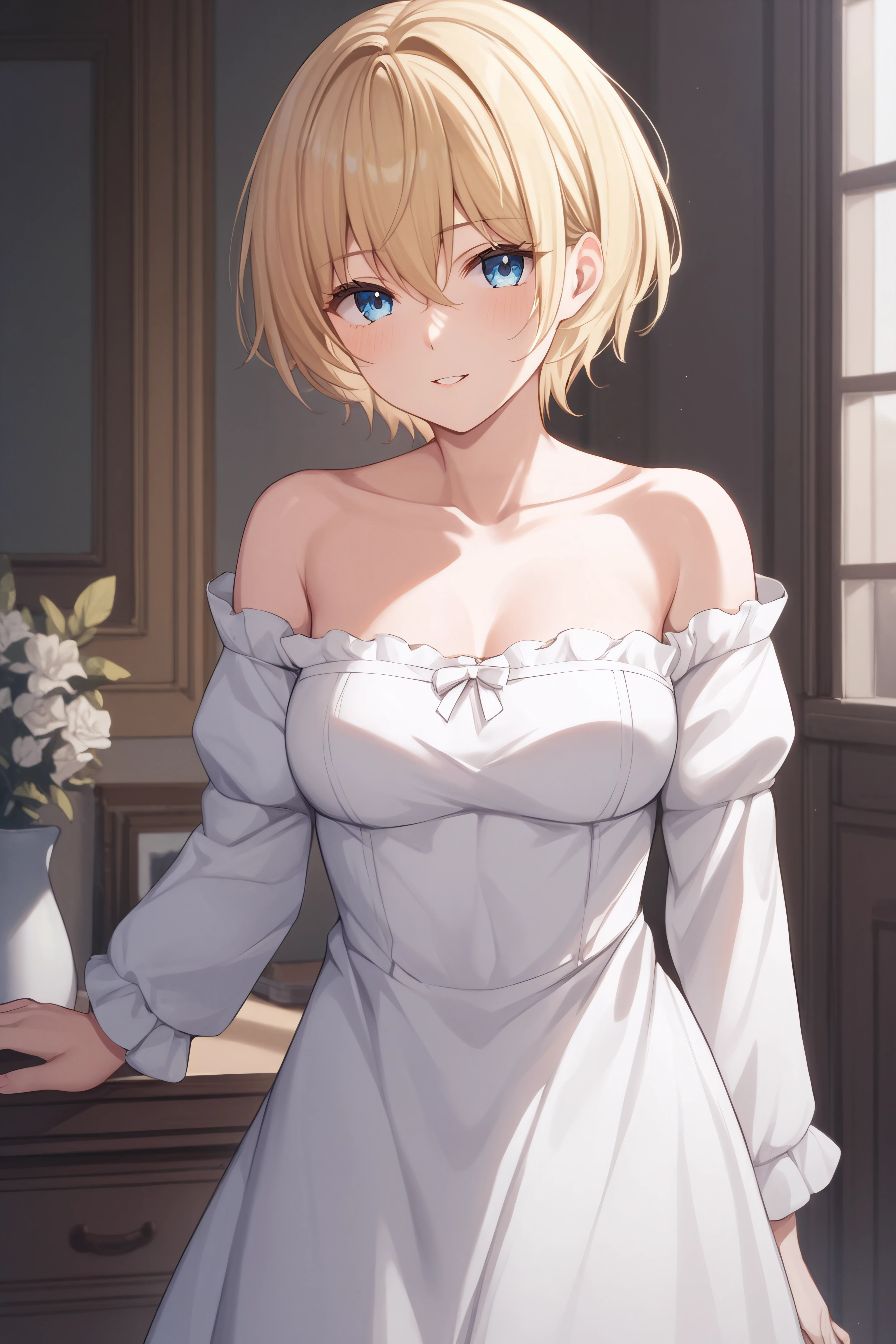 score_9, score_8_up, score_7_up, BREAK source_anime, <lora:Arte-PonyXL-lora-Faxtron:0.8> arte, blue eyes, blonde hair, short hair, medium breasts, long white dress, collarbone, long sleeves, bare shoulders,