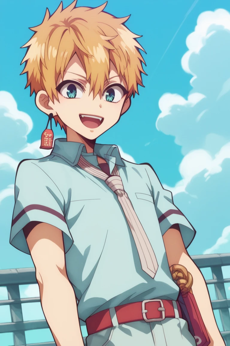 score_9, score_8_up, score_7_up, score_6_up, detailed, intricate details,cowboy shot,best quality ,source_anime, minamoto kou, blonde hair, blue eyes, earring, blue shirt, white necktie, 1boy, male focus, solo, necktie, open mouth, smile, sky, cloud, holding, day, shirt, earrings, looking at viewer, jewelry, belt, upper body, outdoors, blue sky, short hair, school uniform, short sleeves, :d<lora:EMS-408937-EMS:1.000000>