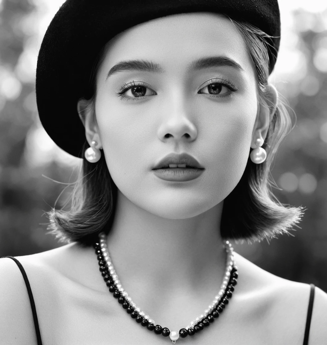 Gray,Monochrome,(black-and-white photograph:1.5),,,black-and-white photograph,1girl,jewelry,necklace,monochrome,greyscale,solo,earrings,hat,pearl necklace,looking to the side,realistic,mole,lips,mole under eye,short hair,upper body,portrait,<lora:heibaishey:0.8>,<lora:add_detail:1>