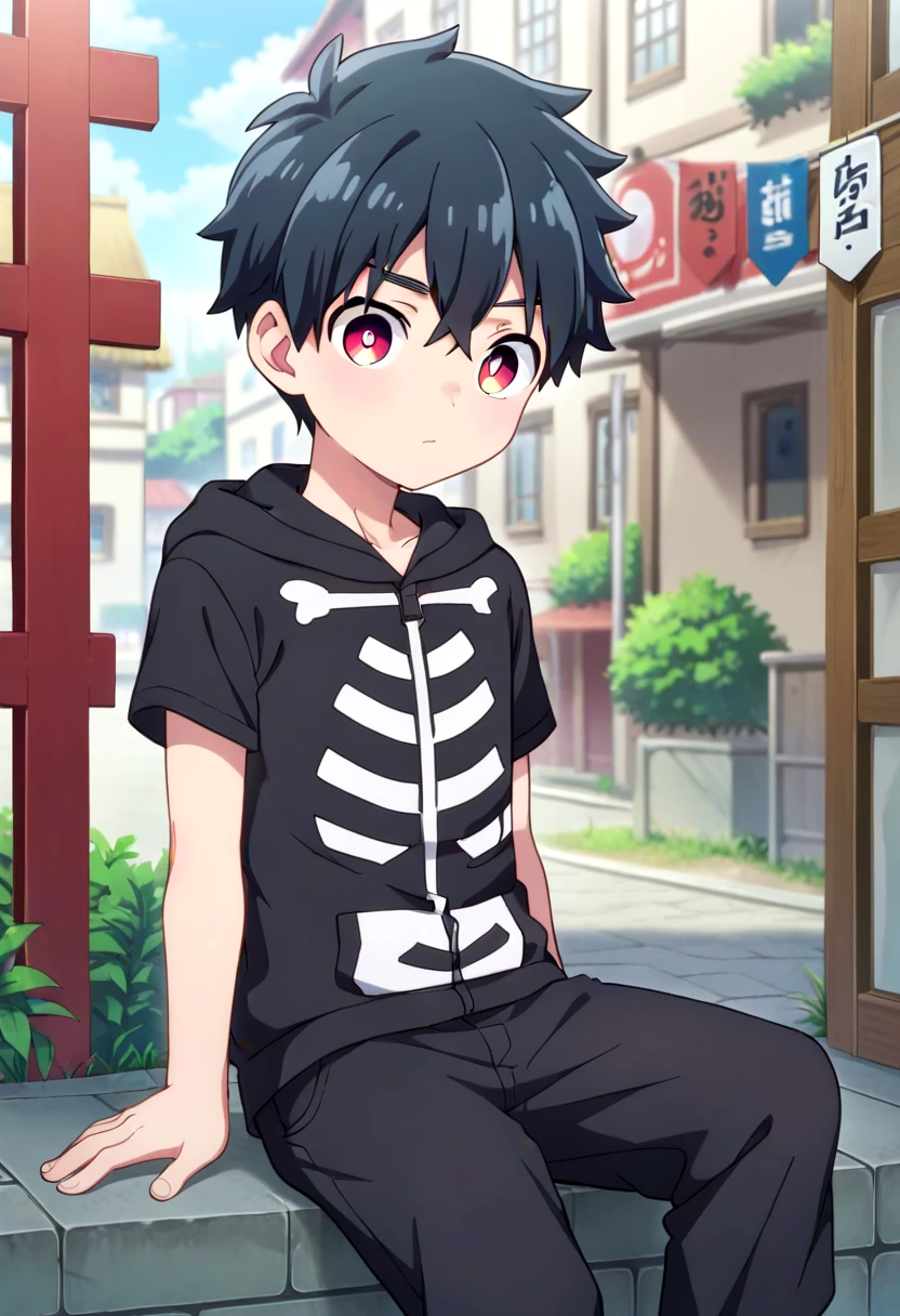 score_9, score_8_up, score_7_up,  BREAK
straight on shot, detailed eyes, village, sitting, , solo, petite,young,  
<lora:kemono-jihen-kabane-kusaka-pony-v10:0.5> 1boy, kabane, black hair,black clothes, black hoodie, hood down, black pants, crimson eye color