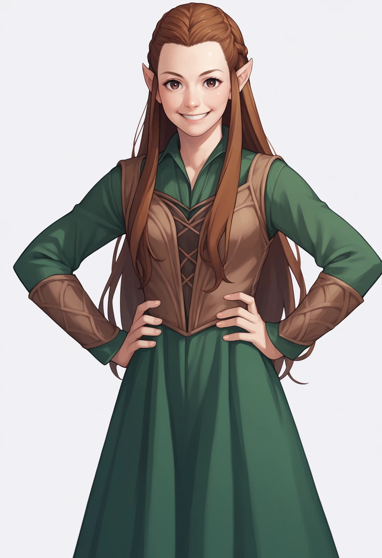 score_9, score_8_up, score_7_up, score_6_up, score_5_up, score_4_up, BREAK, source_anime,
1girl, tauriel, brown hair, long hair, pointy ears,
hands on hips, standing, smile, looking at viewer, solo, simple background, white background   <lora:TaurielXL:1>