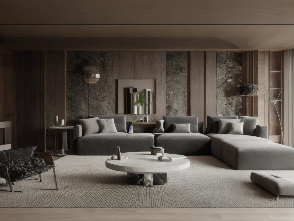 a living room with a couch, chair, coffee table and a rug on the floor and a window, muted colors, a 3D render, light and space,Dark style,Marble elements in the background