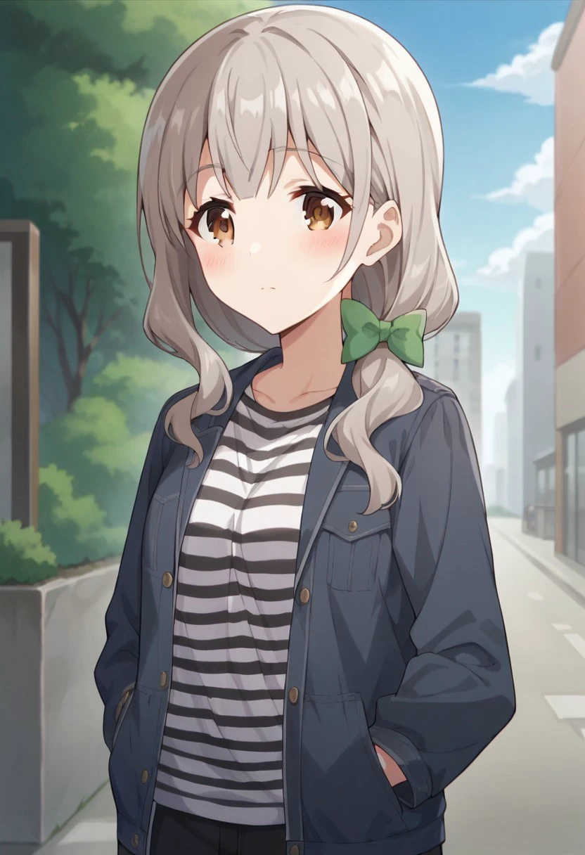 score_9, score_8_up, score_7_up, source_anime, morino mari, grey hair, brown eyes, long hair,1girl, solo, striped, hair ornament, jacket, blush, striped shirt,outdoors, ribbon