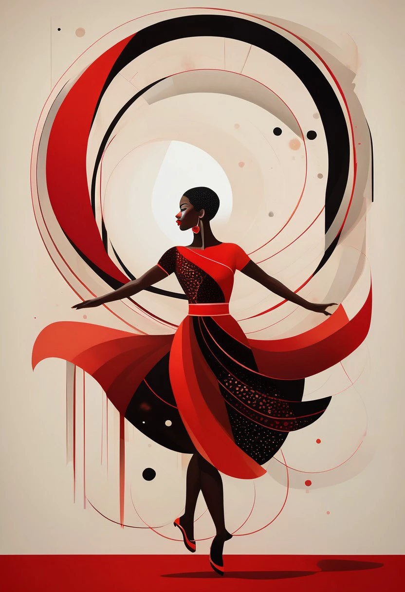 a detailed and intricate digital illustration features a woman dancing in a striking pose. the woman is positioned facing the viewer, her arms outstretched in a graceful arc. her hair, a vibrant red, is adorned with black dots and a white circle at the center of her head. her dress, a striking combination of red and black, is cinched at the waist with a black belt. the backdrop is a stark white, providing a stark contrast to the woman's striking image.