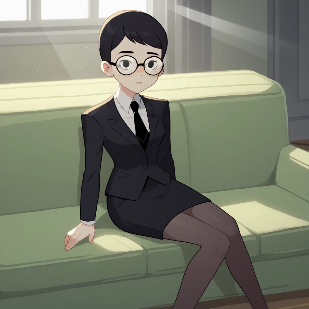 score_8_up, BREAK, JuliaArgent, 1girl, solo, Black hair, short hair, black eyes, freckles, black-framed eyewear, round eyewear, formal, black suit, white shirt, necktie, skirt, black pantyhose, <lora:JuliaArgent_CarmenSandiego_PXL_Leaf1:1>, indoors, sitting on couch, light rays, looking at viewer,