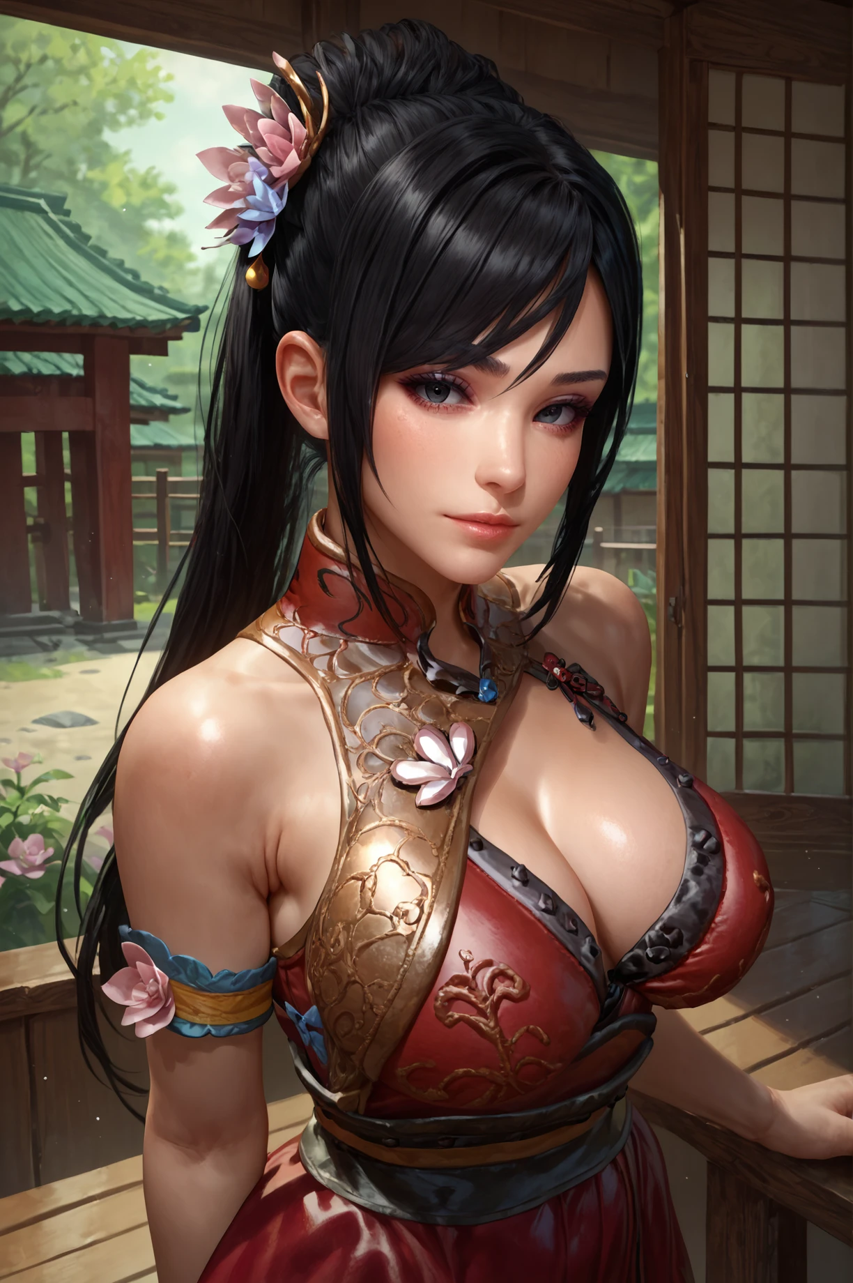 score_9, score_8_up, score_7_up, 1girl, solo, looking at viewer, bare shoulders, black hair, big breasts, cleavage, dress, hair ornament, long hair, pavilion, <lora:Lianshi_Dinasty_Warrior_9:0.8>