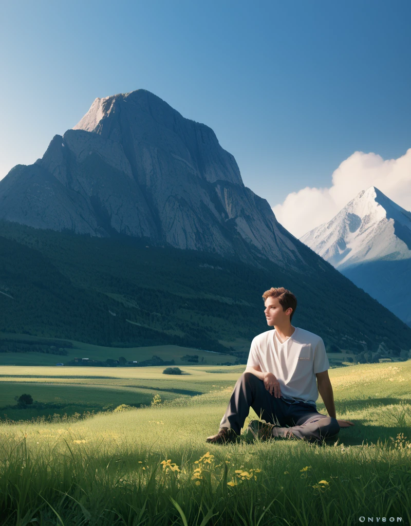 zPDXL2, <lora:KukkaV1:1>, kukk4, 1girl, 1boy, sitting on a grassy field, mountains in the background, dark