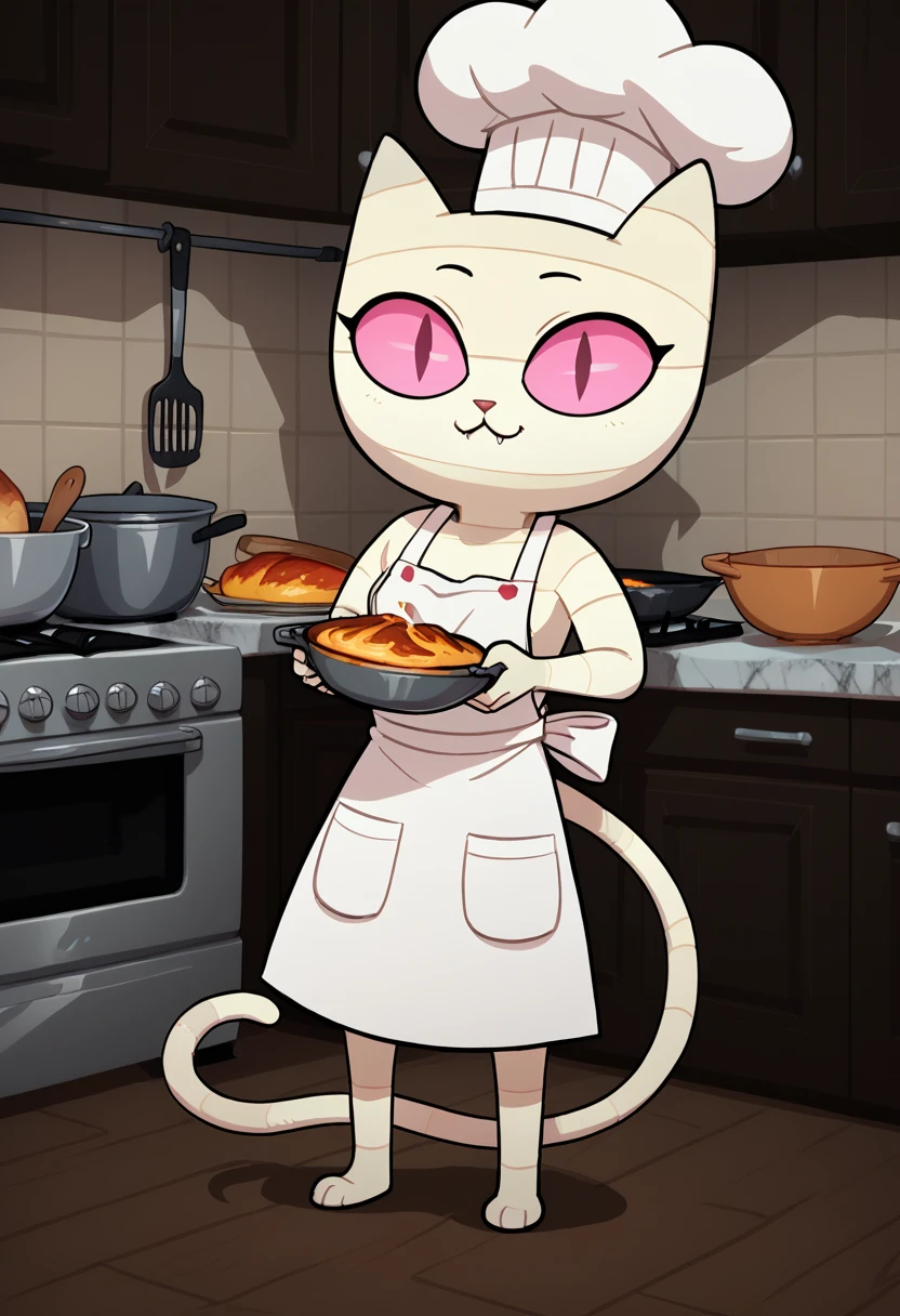 score_9, score_8_up, score_8, <lora:Me-Mow_Adventure_Time_for_PonyXL:0.8> 1girl, cat girl, mem0w, wrappings, tail, pink eyes, kitchen, apron, chef hat, cooking