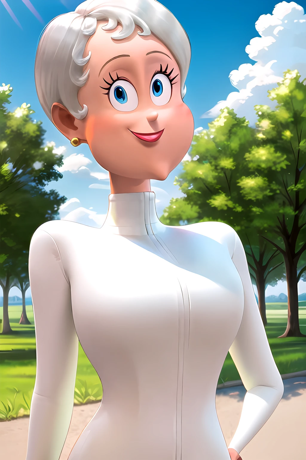 <lora:SC-HT_EVHelsing:1>, ht3vh3ls1ng, masterpiece, best quality, upper body, turtleneck jacket, pants, earrings, short hair, white hair, smile, outdoors, blue sky