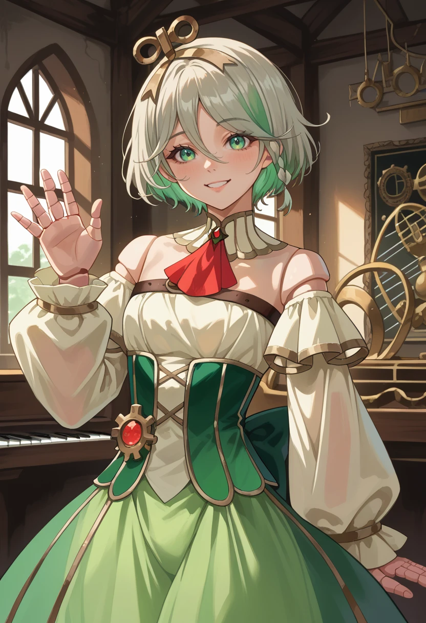 score_9, score_8_up, source_anime, 1girl, solo, CeciliaImmergreen, hair ornament, doll joints, short hair, braid, detached collar, red ascot, strapless dress, detached sleeves, chest belt, green corset, gears, green skirt, see-through, bloomers, gold trim, musical note, indoors, smile, waving at viewer, <lora:ChamCeciliaImmergreenPonyXL:1>