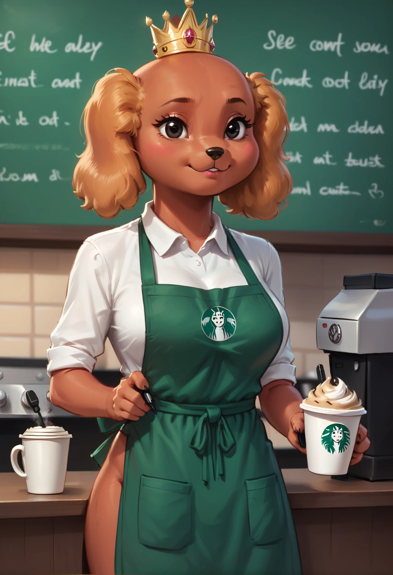 score_9, score_8_up, score_8,  <lora:Hot_Dog_Princess_Adventure_Time_for_PonyXL:0.8> crown, 1girl, dachshund, h0td0gprincess, black eyes,  coffee shop, apron,