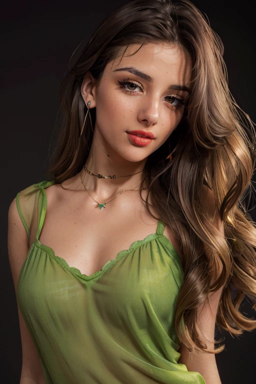 <lora:Sarah:.7>, seductive expression, expressive , upper body, at front, portrait, simple background, dark background, <lora:GoodHands-vanilla:0.8> better_oppai, flat chest, , long hair, Kelly Green cat eye liner, earrings, necklace, Mauve sheer lipstick , Bright Green blouse
