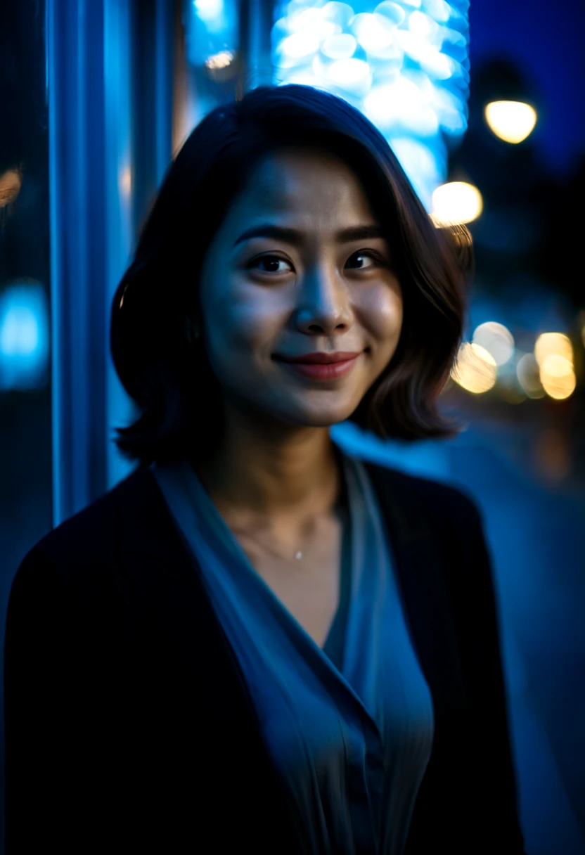 documental portrait, amazing woman call me with smile, good promises, lights wellow and blue