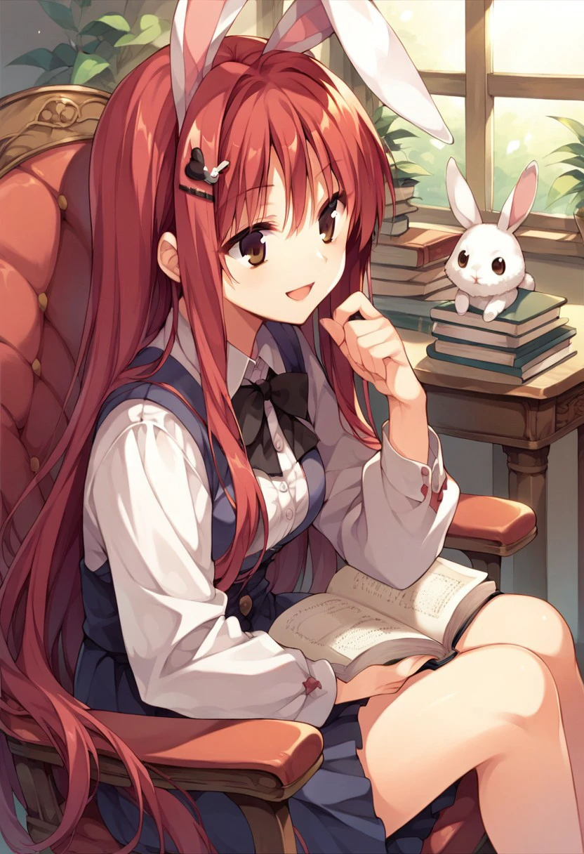 score_9, score_8_up, score_7_up, source_anime, miu yarai, long hair, red hair, brown eyes, 1girl, solo, hair ornament, smile, hairclip, rabbit hair ornament, book, sitting, chair, open mouth