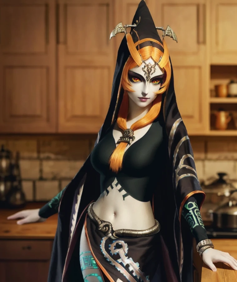 by symrea, detailed background, kitchen, BREAK midna, imp, orange hair, red eyes, yellow sclera, hooded cloak, side skirt, jewelry, <lora:Midna-01-BB95-e20:1>