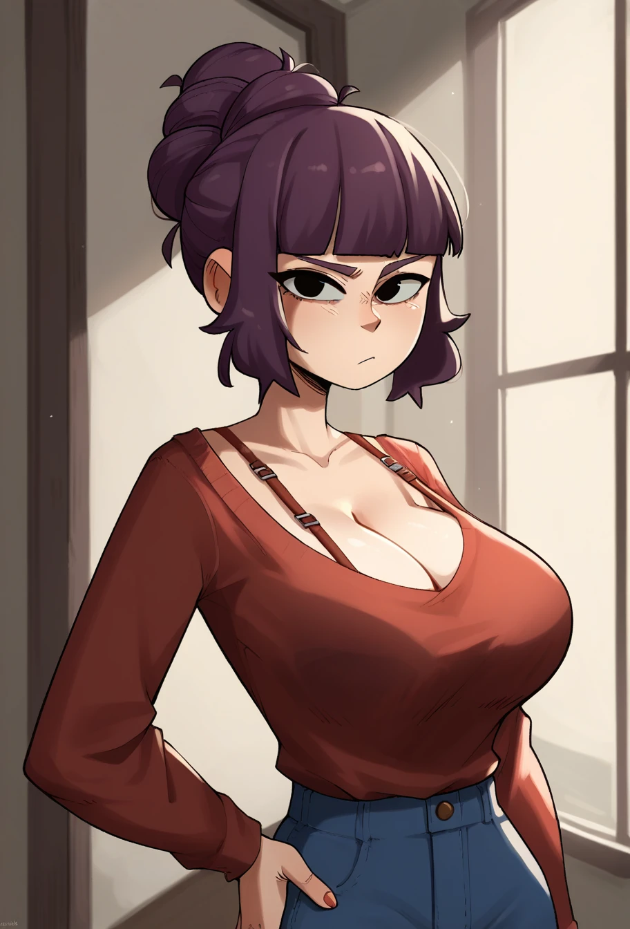 score_8, score_9, source_cartoon, celshaded, rating_questionable, female focus, upperbody, portrait, 1girl one hand on hip, cmmdgrab, 1girl, purple short hair, black eyes, hairbun, blunt bangs, large breasts, long sleeved shirt, visible bra straps, cleavage, furrowed brow, :<, looking at viewer, eye contact, indoors, bedroom, volumetric lighting, warm lighting, cozy, hot summer day, light shafts,