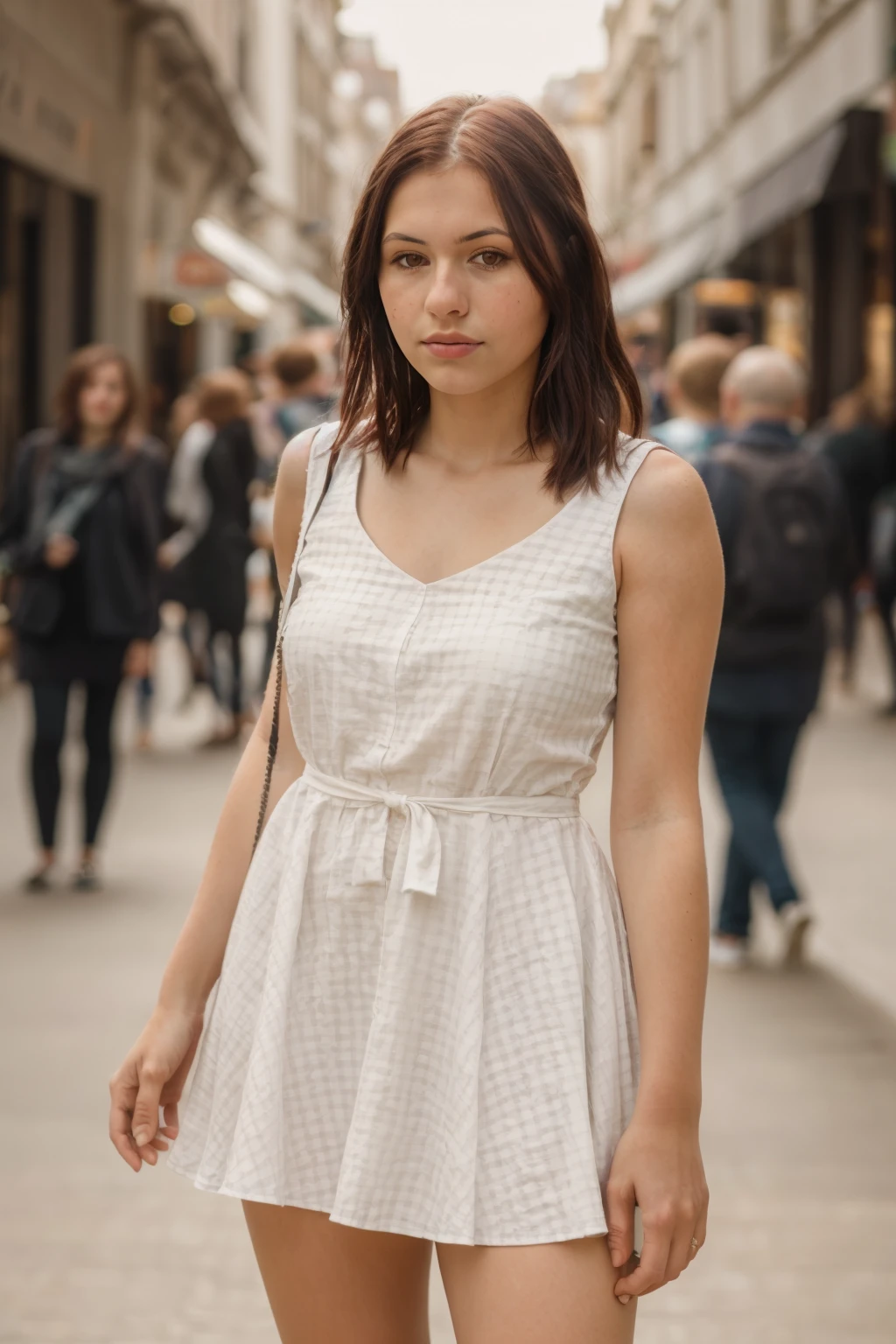 <lora:Iga:0.8> full color portrait of a young  woman, wearing a dress, in a crowded street, natural light, RAW photo, subject, 8k uhd, dslr, soft lighting, film grain, Fujifilm XT3, Nikon D850