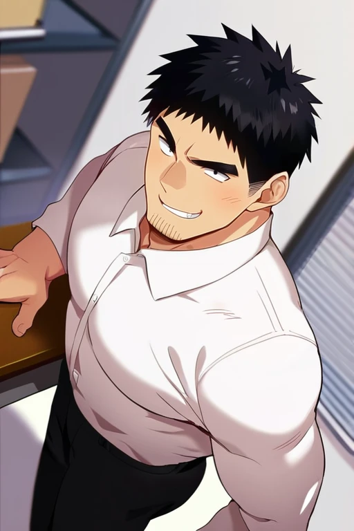 score_9, score_8_up, score_7_up, score_6_up, perfect anatomy, perfect proportions, best quality, masterpiece, high_resolution, high quality, solo male, Harumi Takeda, takeda harumi \(shiromanta\), black hair, short hair, facial hair, stubble, black eyes, thick eyebrows, sanpaku, constricted pupils, (white collared shirt), roll up sleeves, black pants, adult, mature, masculine, manly, tone, muscular, handsome, charming, alluring, standing, friendly, smile, upper body, dutch angle, cowboy shot, simple background, BREAK office, (from behind, hands on desk), backside, butt focus, butt raised, look over shoulder<lora:EMS-409621-EMS:0.800000>