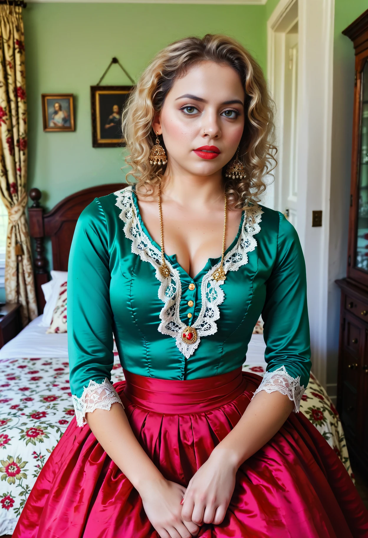 Hyperrealistic art Sensual woman with curly blonde hair, soft natural lighting, 4k resolution,<(alluring harlot) young woman, indian, tan skin, jade green eyes, petite build, medium dark inverted bob hair, wearing a green lace blouse, hoop skirt, fishnet stockings, satin shoes, pearl necklace, rosy cheeks,red lips,kohl-lined eyes, embroidered shawl,feathered hat, set in the 18th century, in quiet inn room, candlelight, plush bedding, velvet drapes, scent of perfume>, <lora:Sensual_Woman:.6> . Extremely high-resolution details, photographic, realism pushed to extreme, fine texture, incredibly lifelike