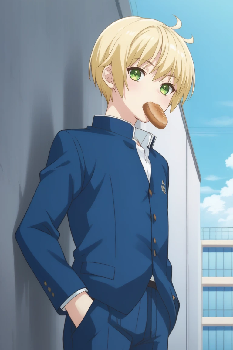 score_9, score_8_up, score_7_up, score_6_up, detailed, intricate details,cowboy shot,best quality ,source_anime, aoi, blonde hair, green eyes, 1boy, school uniform, male focus, solo, food, hand in pocket, eating, gakuran, ahoge, sky, looking at viewer, day, :t, bread<lora:EMS-409511-EMS:1.000000>