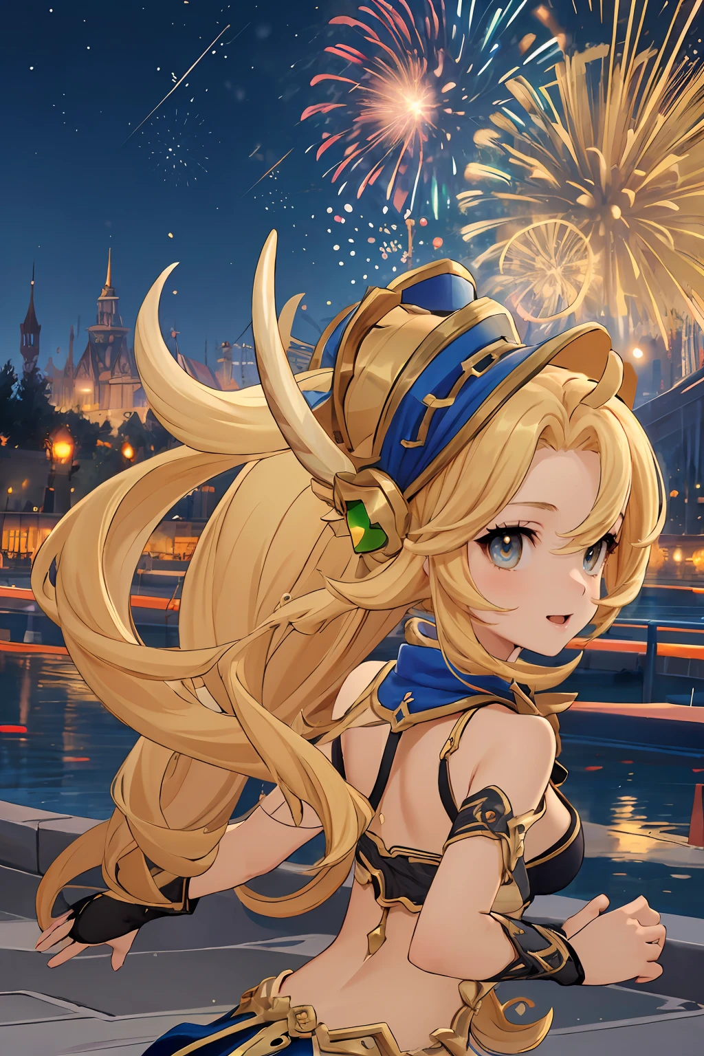 masterpiece, best quality, ultra-detailed, 1girl, solo, expressive eyes, happy, khalitz_rom, running away, jumping, night, upper body,  close-up, from behind, looking at viewer,  aerial fireworks,  Golden hour gleam, tranquil and magical atmosphere, (hyperdetailed),
<lora:khalitz_rom:0.8>, <lora:add_detail:0.5>