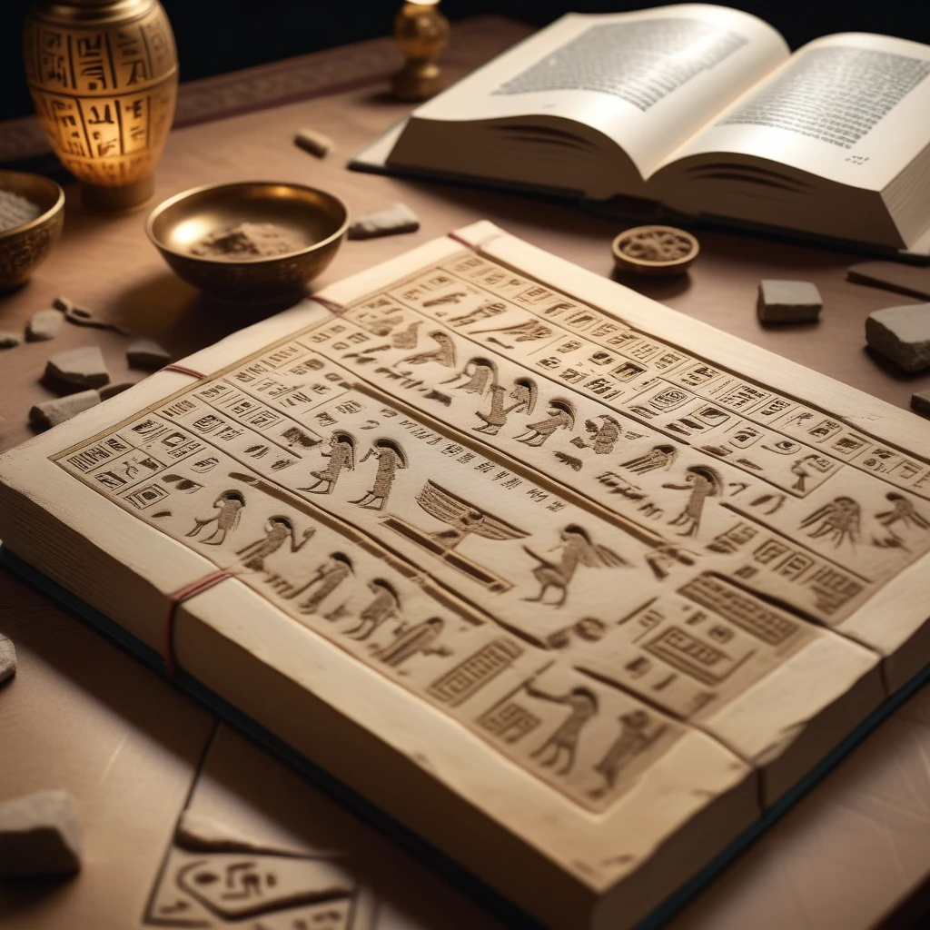 a book  on a luxury table showing ancient hieroglypths as a photo, cinematic photoshot, exciting, highly detailed <lora:hieroglypths:1>