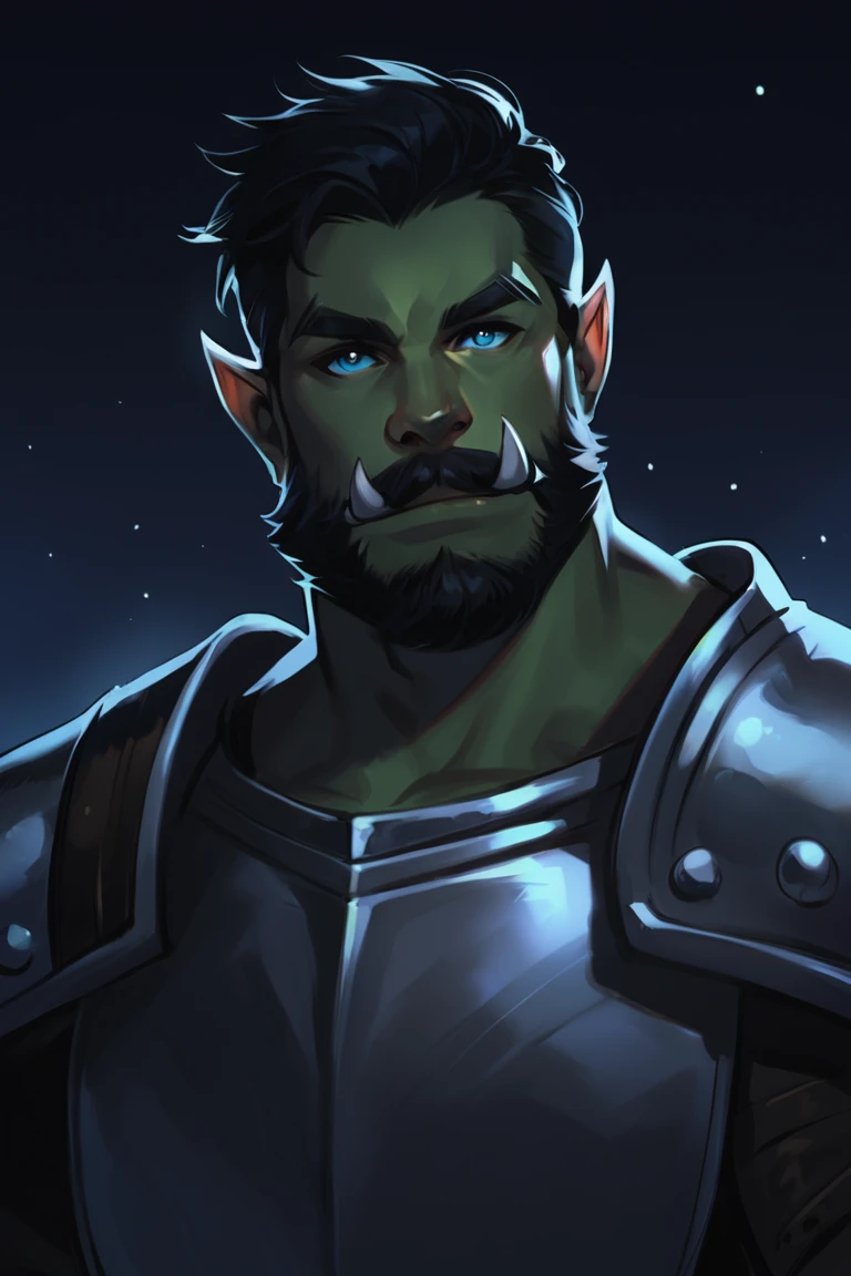 score_9, score_8_up, score_7_up, rating_safe, dark theme, low light, 1boy, solo, male focus, mature male, orc, green skin, tusks, blue eyes, short hair, black hair, facial hair, beard, mustache, looking at viewer, armor, shoulder armor, breastplate, pauldrons, upper body, closed mouth, standing, outdoors, night, night sky, dark background <lora:Smooth Anime Night Style SDXL_LoRA_Pony Diffusion V6 XL:1>