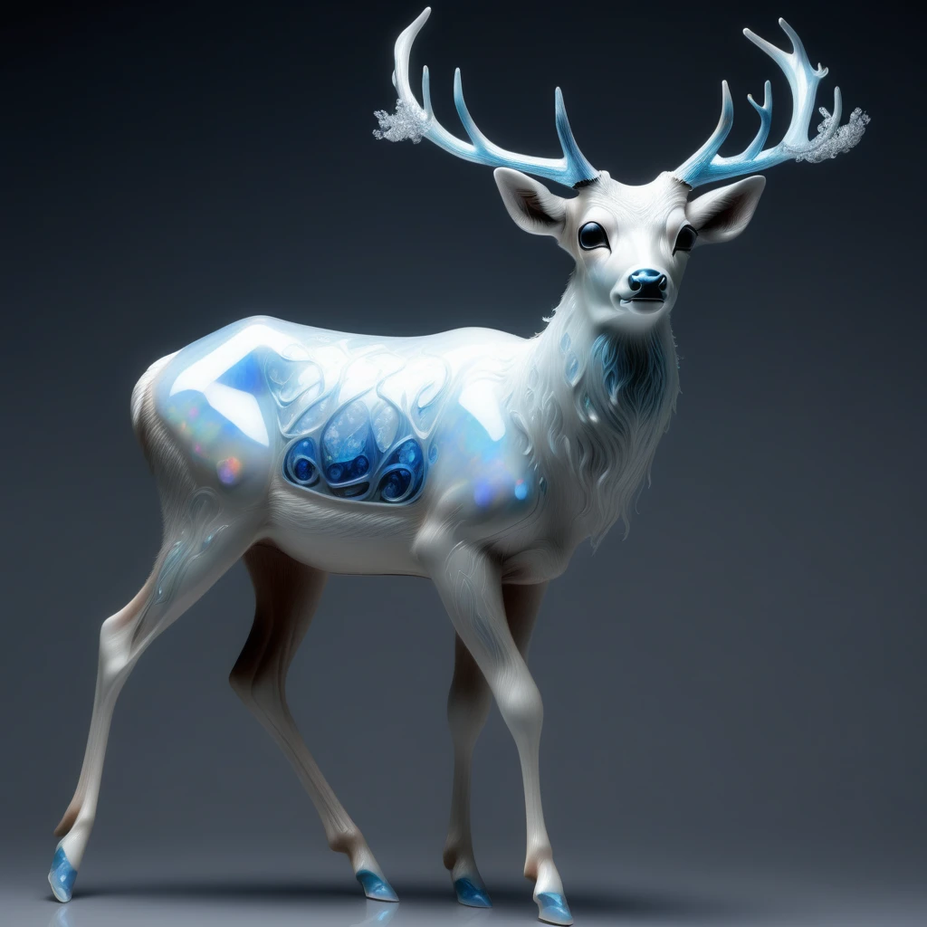 Opal Antlered Deer: Graceful, with opalescent crystal-like antlers and a shimmering white coat with pale blue markings